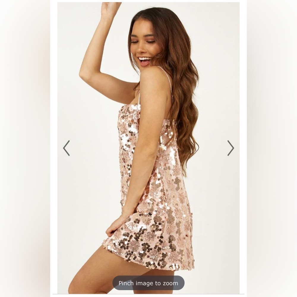 Showpo. VIRGO RISING DRESS IN ROSE GOLD SCATTER SEQUIN